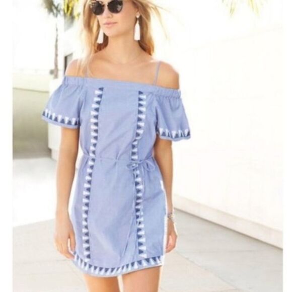 🔹️Stella & Dot Blue Striped Embroidered Dress or Coverup Large - Picture 2 of 7
